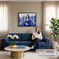 Mona Lisa pintada em azul cobalto estilo azulejo, com rios e montanhas ao fundo, quadro decorativo