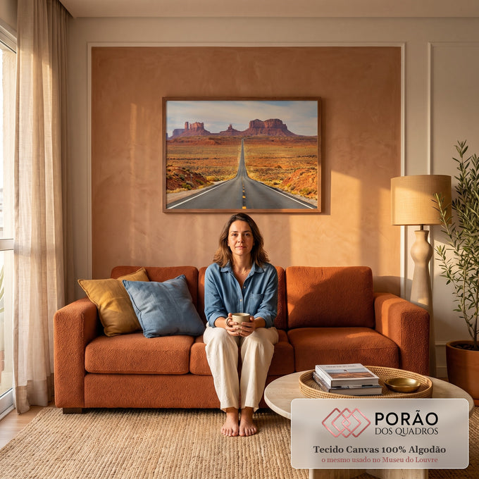 Quadro Decorativo Grande Estrada no Deserto para Sala | quadros decorativos para sala de estar | estrada reta no deserto levando a formações rochosas vermelhas sob céu azul | em ambiente 3 | Porao dos Quadros