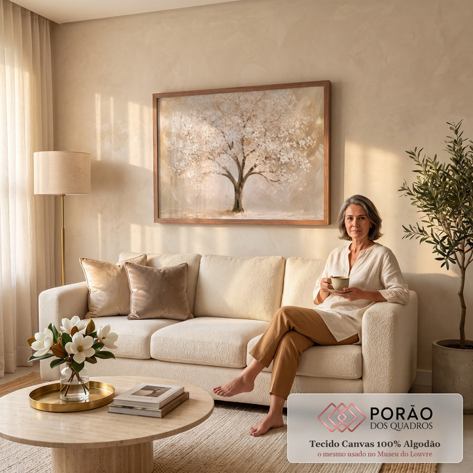 Quadro Decorativo Grande Árvore Florida para Sala Dourado | quadros decorativos para sala de estar | árvore com flores brancas e miolos dourados sobre fundo bege com brilhos | em ambiente 3 | Porao dos Quadros