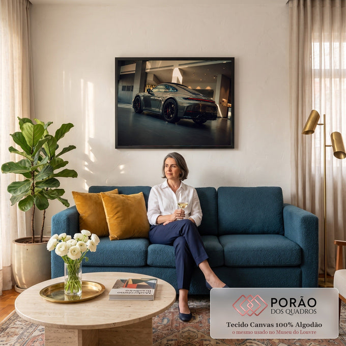 Porsche 911 cinza em showroom iluminado, lanterna vermelha e rodas pretas, quadro decorativo