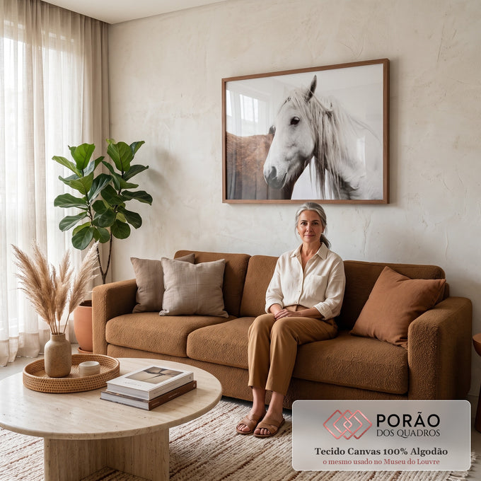 Cavalo branco de crina longa ao lado de cavalo castanho em fundo branco, fotografia quadro decorativo
