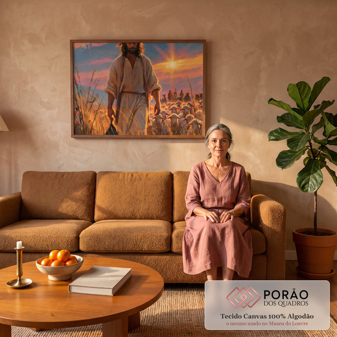 Quadro Decorativo Jesus Bom Pastor Caminhando entre o Trigo | quadros decorativos para sala de estar | Jesus caminha por campo de trigo dourado seguido de ovelhas ao pôr do sol | em ambiente 3 | Porao dos Quadros
