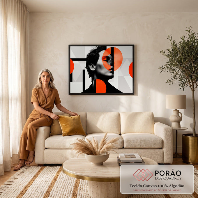 Quadro Decorativo Grande Retrato Feminino Preto para Sala | quadros decorativos para sala de estar | retrato feminino em preto e branco com círculos laranja e formas geométricas | em ambiente 3 | Porao dos Quadros