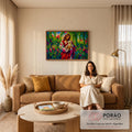 Quadro Decorativo Grande Jesus Cordeiro para Sala Vermelho | quadros decorativos para sala de estar | Jesus de manto vermelho segurando cordeiro branco em fundo geométrico florido | em ambiente 3 | Porao dos Quadros
