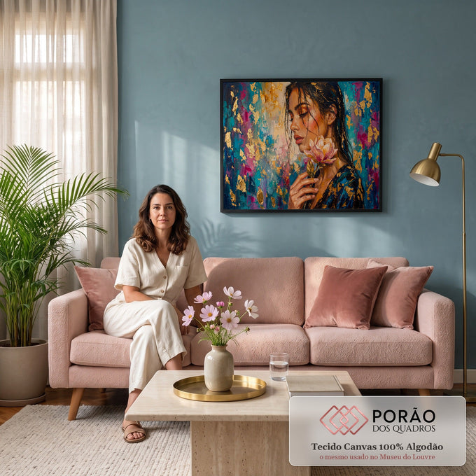 Quadro Decorativo Grande Mulher com Flor para Sala Dourado | quadros decorativos para sala de estar | mulher de perfil com flor rosa, fundo azul e dourado em textura expressiva | em ambiente 3 | Porao dos Quadros