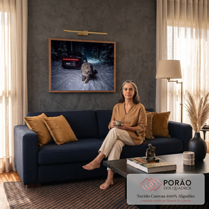 Quadro Decorativo Grande Leopardo das Neves Preto para Sala | quadros decorativos para sala de estar | leopardo das neves caminhando em estrada nevada à noite com carro ao fundo | em ambiente 3 | Porao dos Quadros