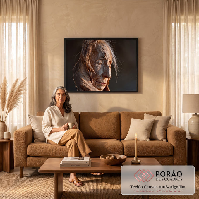 Quadro Decorativo Grande Rosto Esculpido para Sala Marrom | quadros decorativos para sala de estar | rosto esculpido em textura de madeira com cabelo claro e luz dramática lateral | em ambiente 3 | Porao dos Quadros