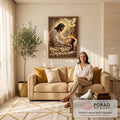 Quadro Decorativo Grande Jesus Curando para Sala Dourado | quadros decorativos para sala de estar | Jesus tocando a testa de uma mulher deitada com pomba branca em luz dourada | em ambiente 3 | Porao dos Quadros