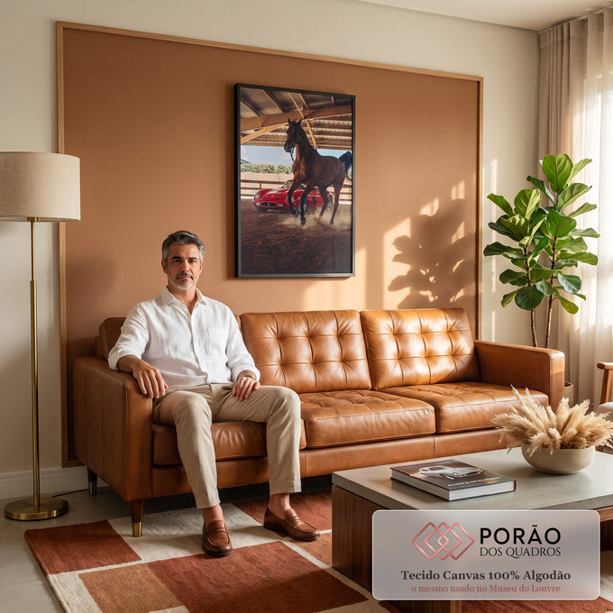 Cavalo alazão trotando na poeira à frente de carro esportivo vermelho clássico em galpão, quadro decorativo