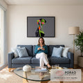 Quadro Decorativo Grande Rostos Verdes para Sala Verde | quadros decorativos para sala de estar | dois rostos femininos verdes sobrepostos, um em patchwork colorido com costuras, estilo pop art | em ambiente 3 | Porao dos Quadros