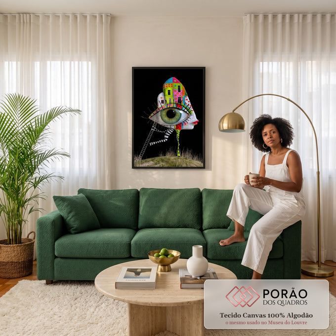 Rosto surreal em perfil com olho verde gigante, casas coloridas, escada e pernas listradas, quadro decorativo