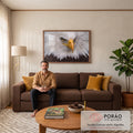 Close de águia-de-cabeça-branca com olhar fixo, bico amarelo e penas brancas, quadro decorativo