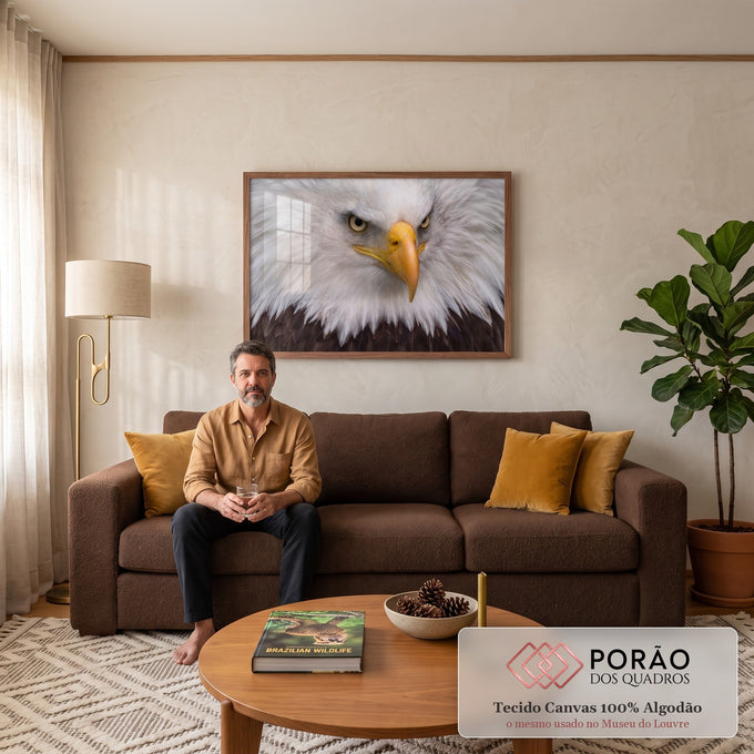 Close de águia-de-cabeça-branca com olhar fixo, bico amarelo e penas brancas, quadro decorativo