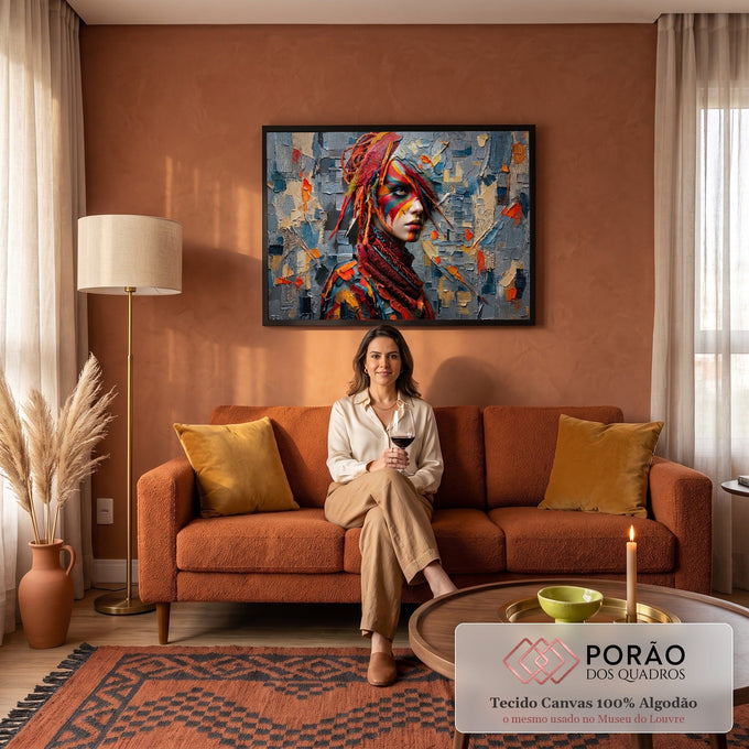 Mulher com rosto pintado em cores tribais e penas vermelhas sobre fundo cinza texturizado, quadro decorativo