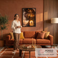 Quadro Decorativo Grande Jesus para Sala Laranja | quadros decorativos para sala de estar | rosto de Jesus com coroa de espinhos fundido a cenas da Última Ceia e Crucificação | em ambiente 3 | Porao dos Quadros
