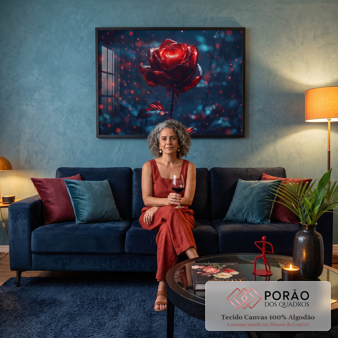 Quadro Decorativo Grande Rosa Vermelha Vermelho para Sala | quadros decorativos para sala de estar | rosa vermelha metálica com brilho intenso sobre fundo azul escuro com luzes bokeh | em ambiente 3 | Porao dos Quadros