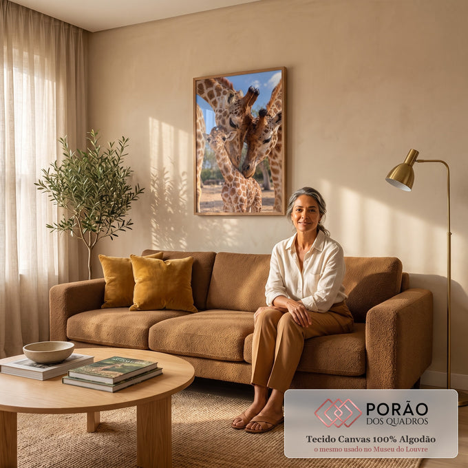 Quadro Decorativo Grande Família de Girafas Marrom para Sala | quadros decorativos para sala de estar | filhote de girafa entre dois adultos formando arco de pescoços sob céu azul | em ambiente 3 | Porao dos Quadros