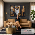 Quadro Decorativo Grande Rosto Cubista para Sala Dourado | quadros decorativos para sala de estar | rosto cubista geométrico em blocos dourados, pretos e brancos com textura de pincelada | em ambiente 3 | Porao dos Quadros