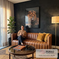 Fotografia de leão deitado com juba volumosa e olhos âmbar sobre fundo preto, quadro decorativo