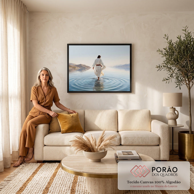 Jesus de costas com túnica branca caminhando sobre águas calmas entre montanhas, quadro decorativo