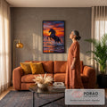 Cavalo preto empinado nas ondas do mar sob pôr do sol laranja em pintura a óleo, quadro decorativo