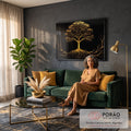 Quadro Decorativo Grande Árvore da Vida Preto para Sala | quadros decorativos para sala de estar | árvore da vida dourada com raízes simétricas sobre fundo preto | em ambiente 3 | Porao dos Quadros