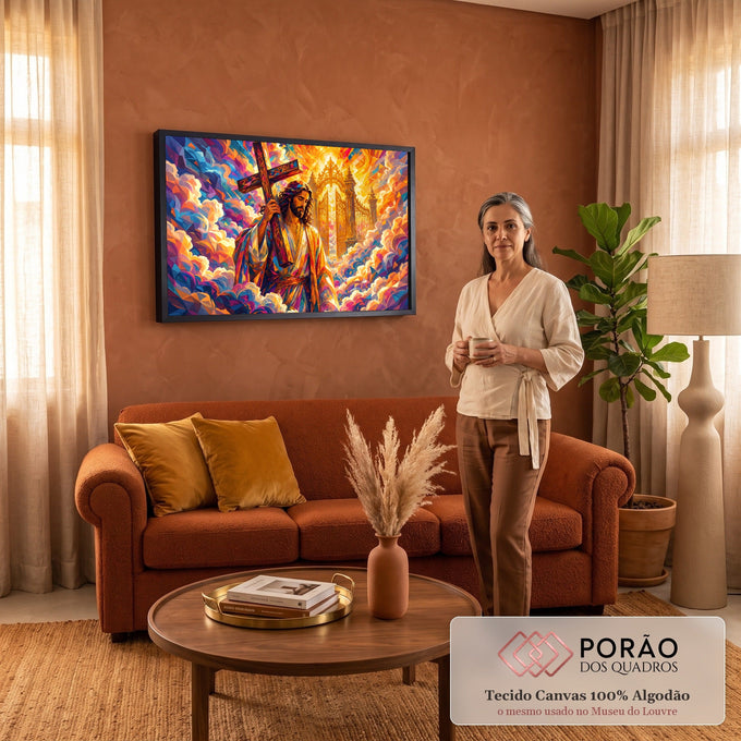 Quadro Decorativo Grande Jesus Carregando Dourado para Sala | quadros decorativos para sala de estar | Jesus carregando cruz diante de portão dourado em estilo geométrico colorido | em ambiente 3 | Porao dos Quadros