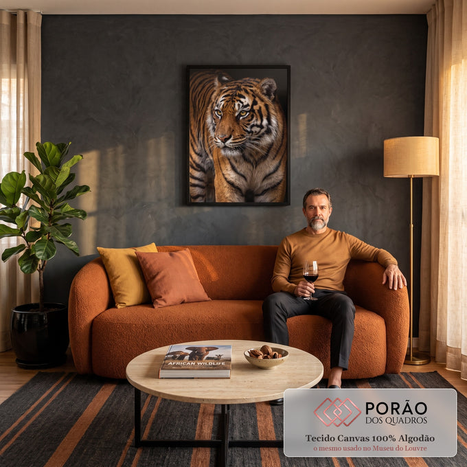 Tigre em close com pelagem laranja e listras pretas, olhar âmbar e fundo escuro, quadro decorativo