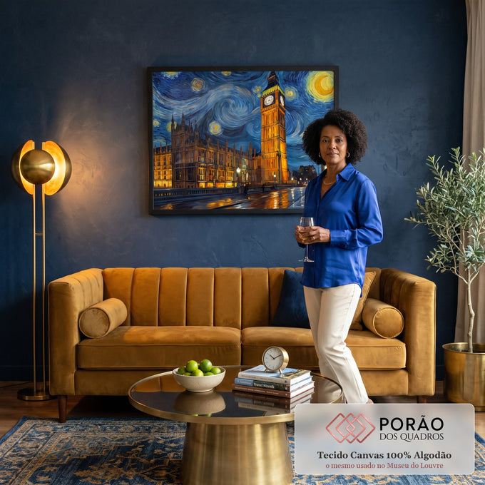 Quadro Decorativo Grande Big Ben para Sala Azul | quadros decorativos para sala de estar | Big Ben e Parlamento de Londres em dourado sob céu estrelado azul estilo Van Gogh | em ambiente 3 | Porao dos Quadros