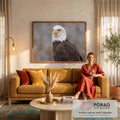 Quadro Decorativo Grande Águia Ave de Rapina para Sala | quadros decorativos para sala de estar | retrato de águia careca com cabeça branca e bico amarelo sobre fundo cinza desfocado | em ambiente 3 | Porao dos Quadros