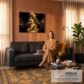 Três cavalos empinados de partículas douradas em meio à fumaça sobre fundo preto, quadro decorativo
