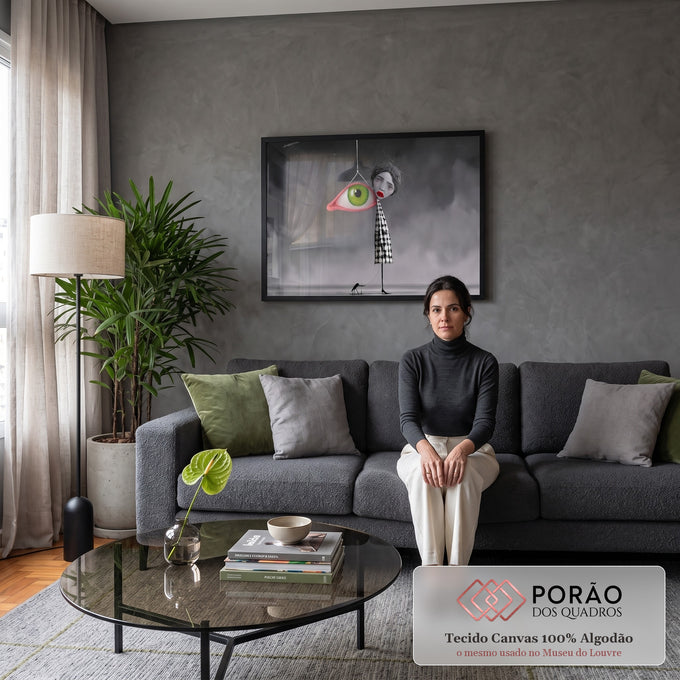 Mulher surreal de vestido xadrez com olho verde gigante suspenso e pássaro na coleira, quadro decorativo