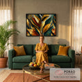 Folhas tropicais estilizadas em dourado, verde-escuro e terracota com nervuras marcadas, quadro decorativo