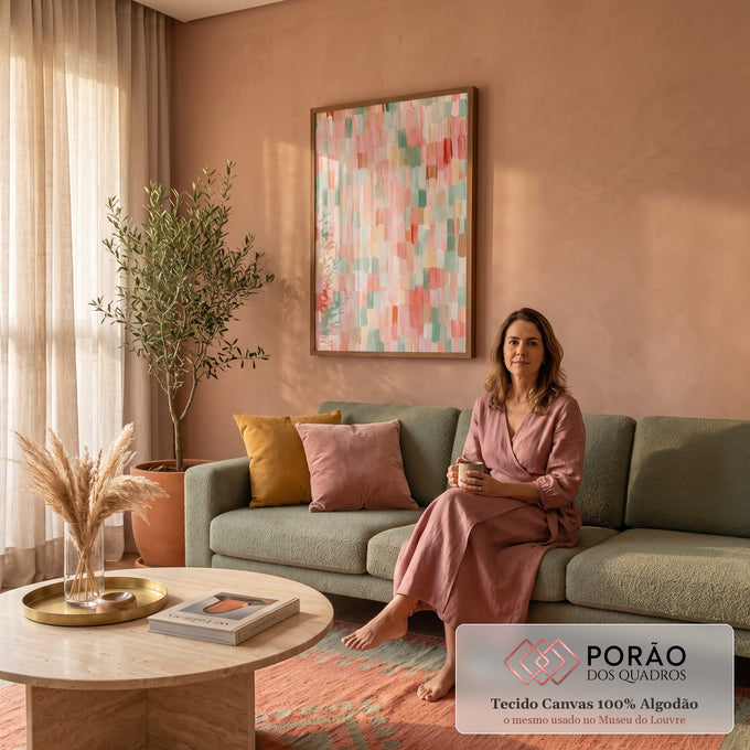 Quadro Decorativo Grande Mosaico Abstrato para Sala Rosa | quadros decorativos para sala de estar | mosaico abstrato de pinceladas verticais em rosa, verde e pêssego | em ambiente 3 | Porao dos Quadros