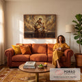 Santo Antônio de hábito marrom com Menino Jesus, lírios, vela e livro sob nuvens douradas, quadro decorativo