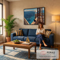Quadro Decorativo Grande Gato Preto Varanda para Sala Azul | quadros decorativos para sala de estar | gato preto deitado em varanda de pedra com vista para o mar e veleiro ao longe | em ambiente 3 | Porao dos Quadros