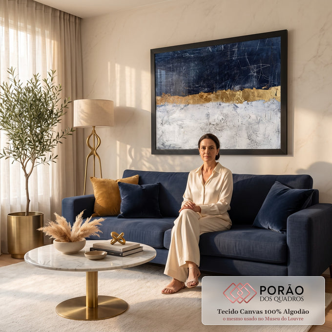 Pintura abstrata com azul marinho riscado, faixa de folha de ouro e branco texturizado, quadro decorativo