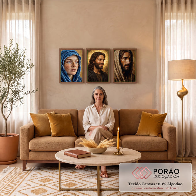 Quadro Decorativo Kit 3 Telas Retratos Sacros para Sala | quadros decorativos para sala de estar | três retratos sacros, Jesus com halo dourado ao centro, mulher de véu azul à esquerda | em ambiente 3 | Porao dos Quadros
