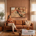 Mulher oriental em hanfu dançando com fitas vermelhas e verdes nas dunas do deserto, quadro decorativo