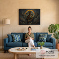 Quadro Decorativo Grande Homem com Serpente para Sala | quadros decorativos para sala de estar | homem com olhos dourados e serpente enrolada nos braços sob arco-íris | em ambiente 3 | Porao dos Quadros