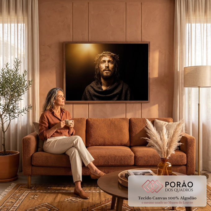 Jesus com coroa de espinhos e manto escuro olhando para luz dourada em fundo preto, quadro decorativo