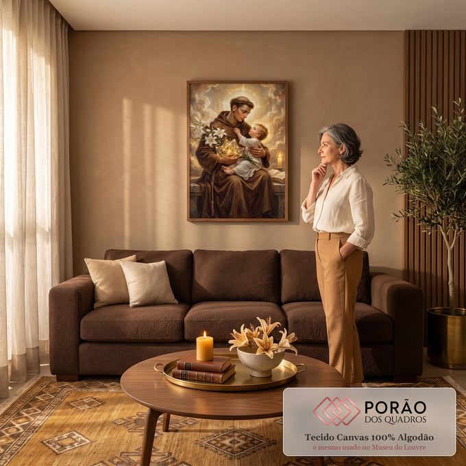 Quadro Decorativo Grande Santo Antônio com Menino para Sala | quadros decorativos para sala de estar | frade com menino loiro no colo, auréolas douradas, lírios brancos e luz radiante | em ambiente 3 | Porao dos Quadros