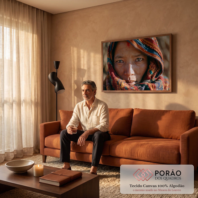 Quadro Decorativo Grande Retrato Véu Colorido para Sala | quadros decorativos para sala de estar | retrato em close de mulher com véu colorido e olhar intenso | em ambiente 3 | Porao dos Quadros