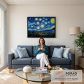 Céu em espirais azuis com estrelas e lua sobre vila e montanhas, estilo Van Gogh, quadro decorativo