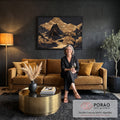 Quadro Decorativo Grande Montanhas Douradas para Sala Preto | quadros decorativos para sala de estar | montanhas negras e douradas com rio dourado e céu estrelado escuro | em ambiente 3 | Porao dos Quadros