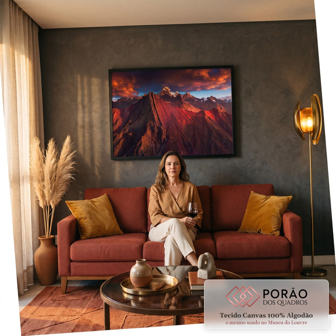 Cordilheira dos Andes vermelha com picos nevados sob céu de nuvens alaranjadas, quadro decorativo