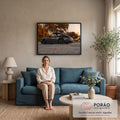 Porsche 911 clássico cinza-grafite rebaixado com rodas raiadas ao pôr do sol de outono, quadro decorativo