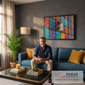 Quadro Decorativo Grande Gato Preto Vermelho para Sala | quadros decorativos para sala de estar | gato preto espiando de dentro de contêiner branco entre contêineres coloridos | em ambiente 3 | Porao dos Quadros