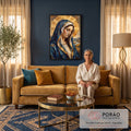 Quadro Decorativo Grande Nossa Senhora Cubismo para Sala | quadros decorativos para sala de estar | Nossa Senhora em estilo cubista com manto azul e auréola dourada geométrica | em ambiente 3 | Porao dos Quadros