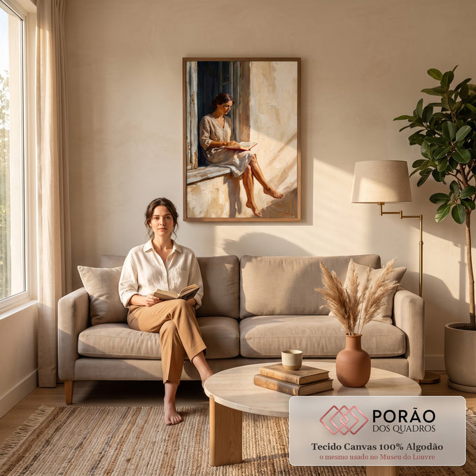 Quadro Decorativo Grande Mulher Lendo para Sala Bege | quadros decorativos para sala de estar | mulher descalça sentada na janela lendo livro vermelho em pintura impasto | em ambiente 3 | Porao dos Quadros